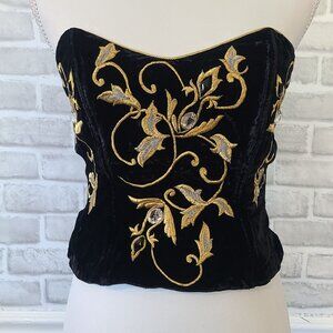Vintage Natori Neiman Marcus Black Velvet Embroidered Bustier Elegant Whimsigoth